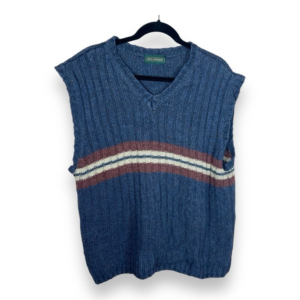 MEDIUM VINTAGE HILL AND ARCHER SWEATER VEST KNIT BLUE V NECK STRIPE